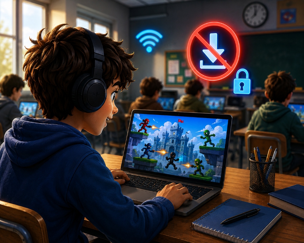 Unblocked games at school in 2026 — the no-download, no-login list — illustration
